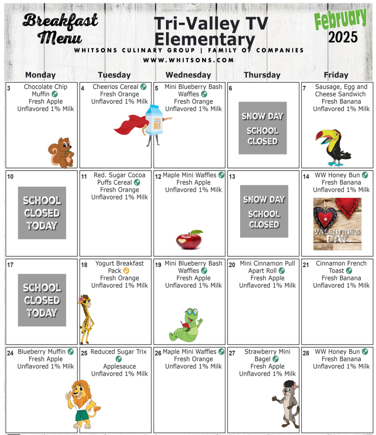 Elementary February 2025 Breakfast Menu