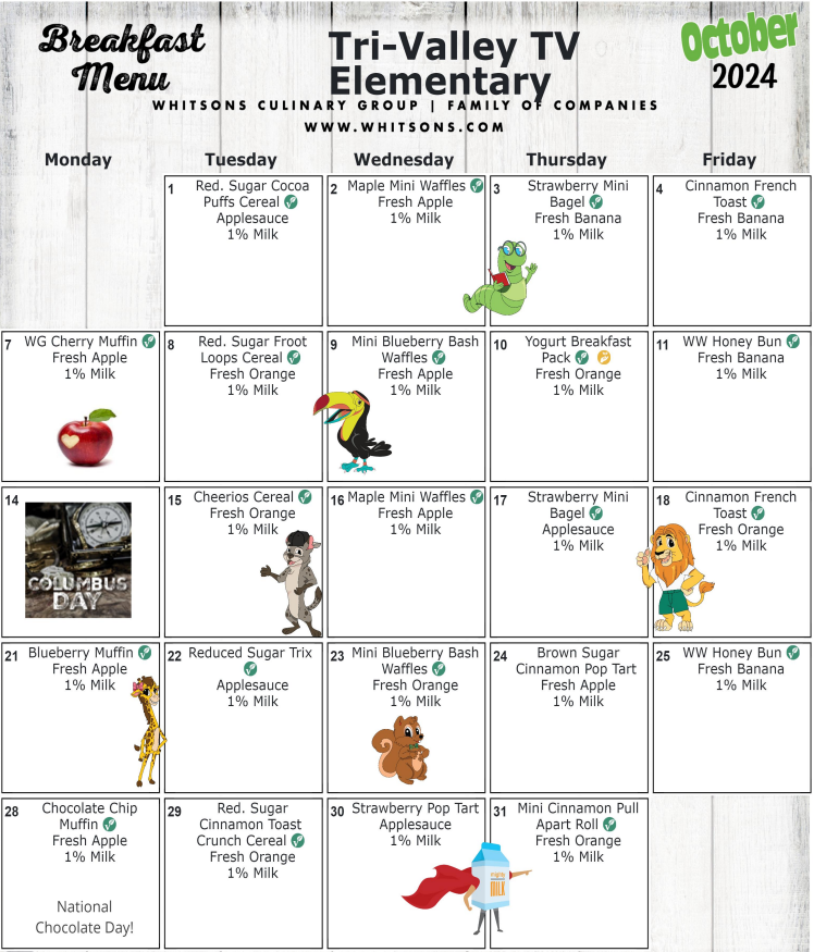 Elementary Breakfast Menu for October 2024