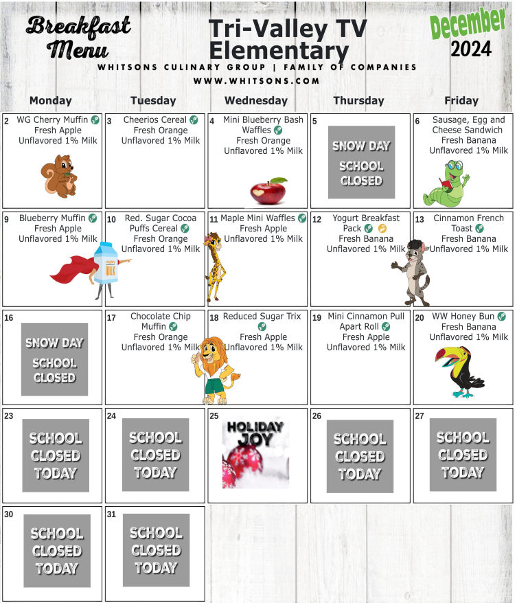 Elementary December 2024 Breakfast Menu