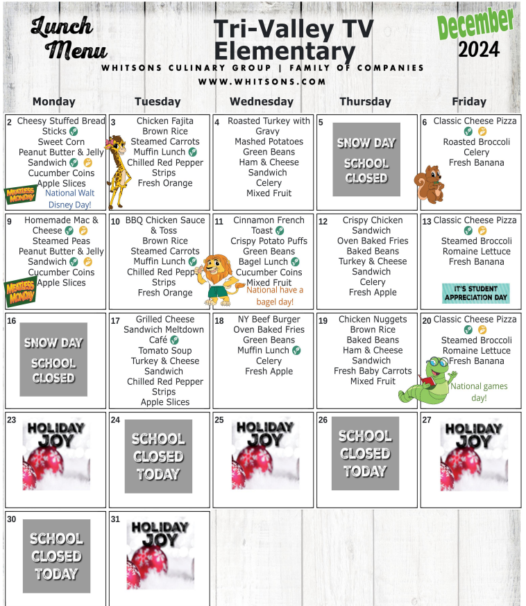 Elementary December 2024 Lunch Menu