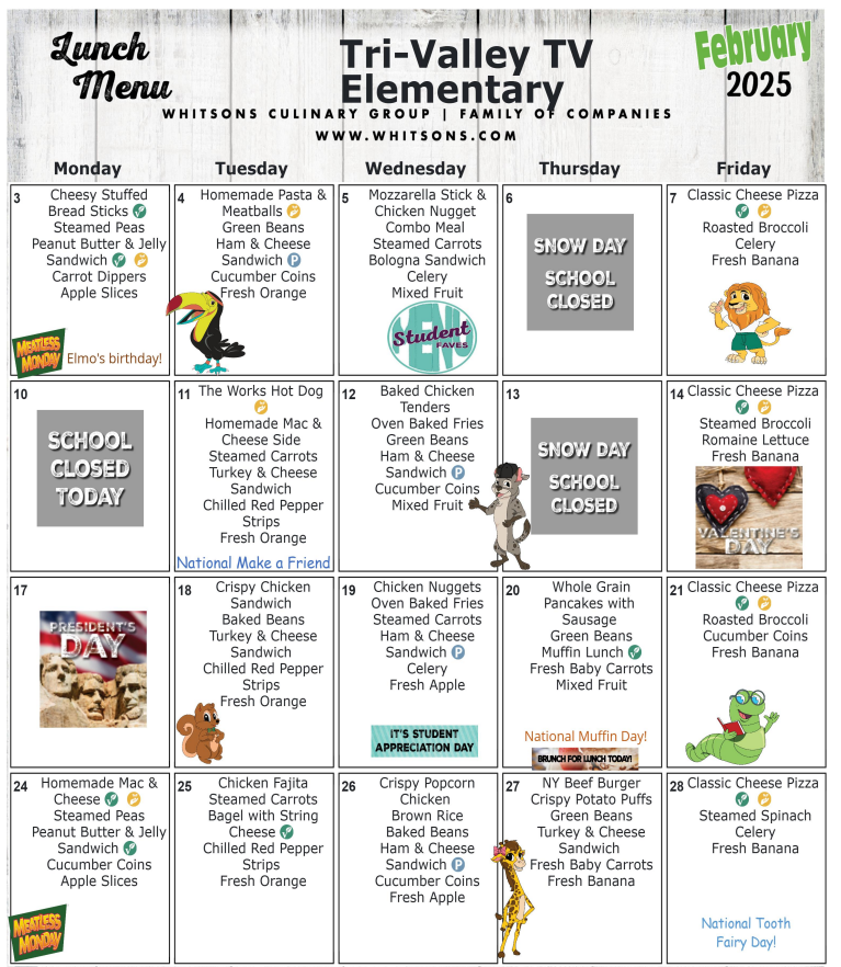 February 2025 Elementary Lunch Menu