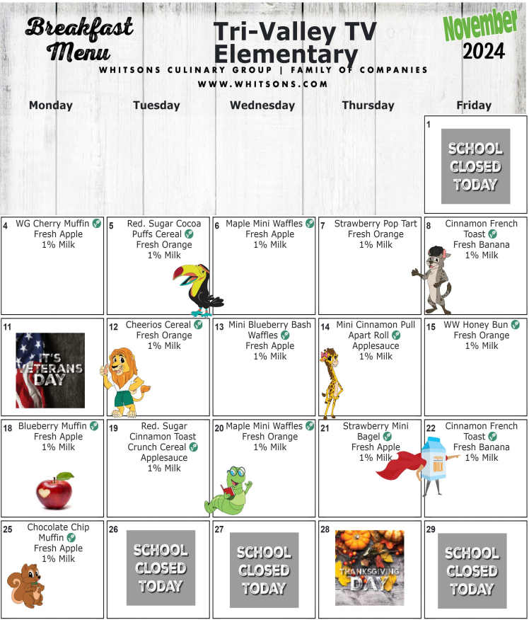 November Elementary Breakfast Menu