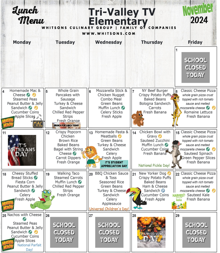 November Elementary Lunch Menu