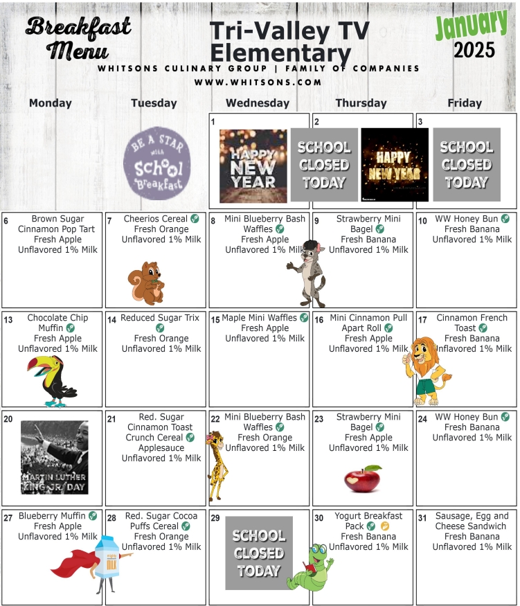 January 2025 Elementary Breakfast Menu