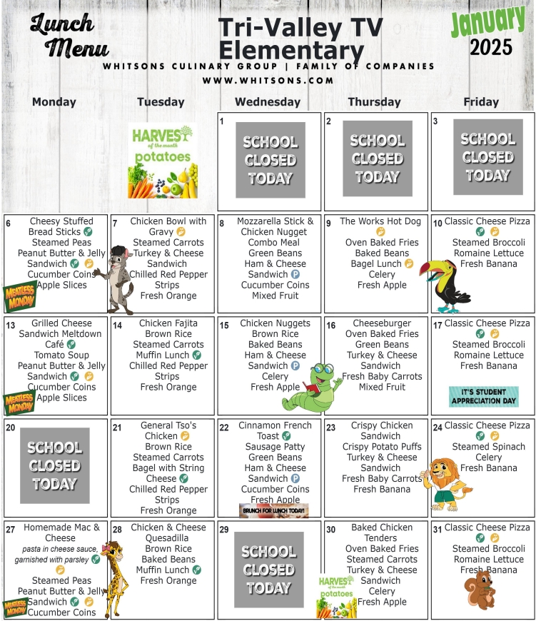 January 2025 Elementary Lunch Menu