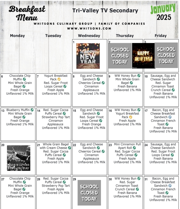 January 2025 Secondary School Breakfast Menu