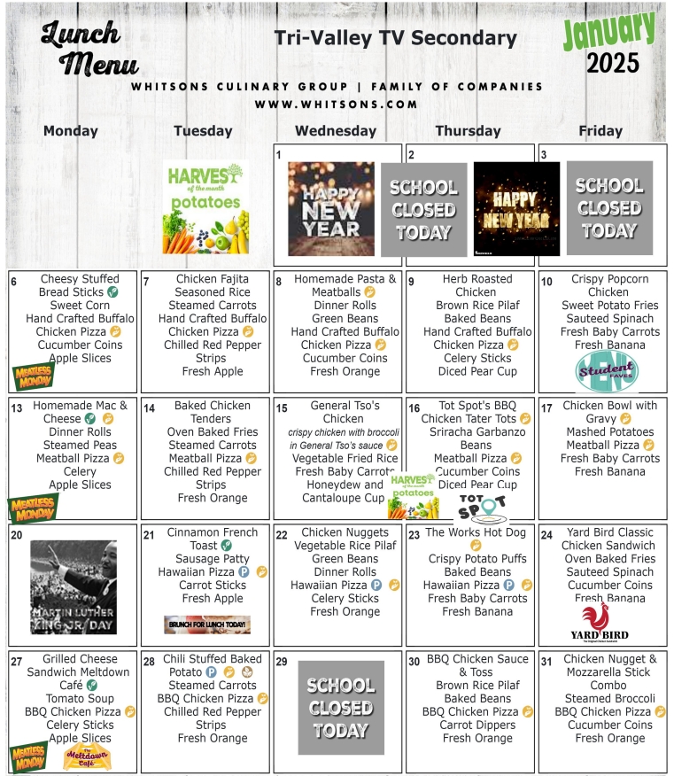 January 2025 Secondary School Lunch Menu