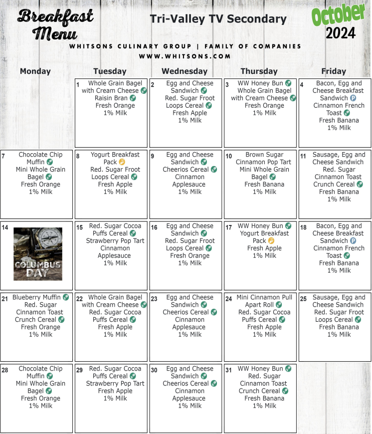 October 2024 Secondary Breakfast Menu