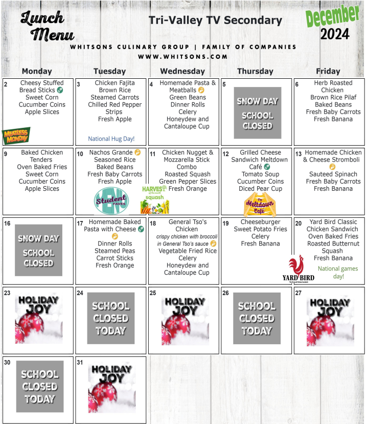 Secondary December 2024 Lunch Menu