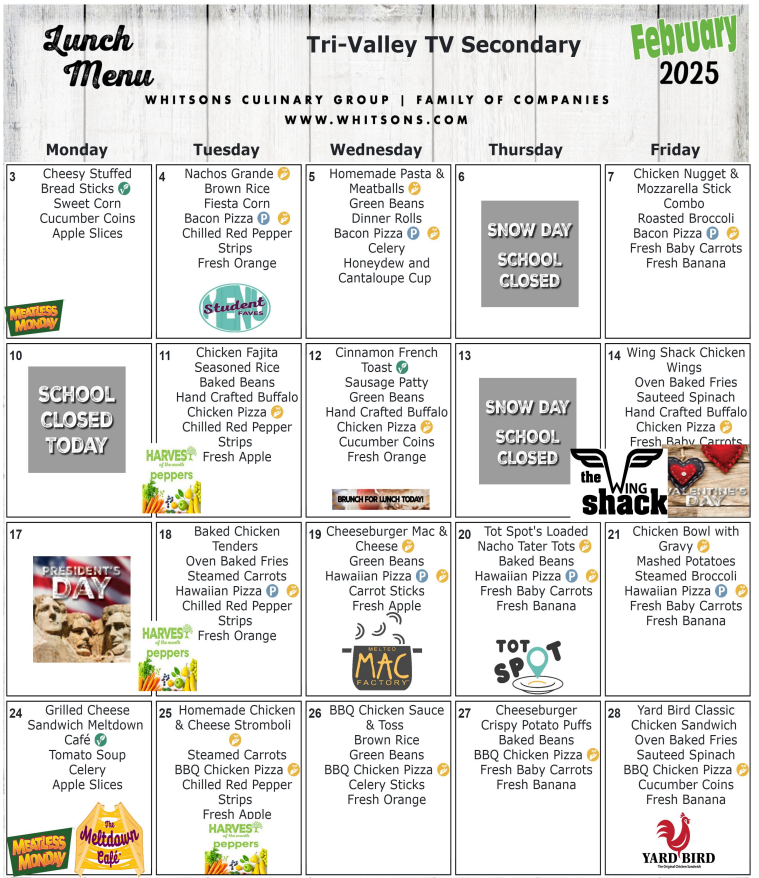 February 2025 Secondary Lunch Menu