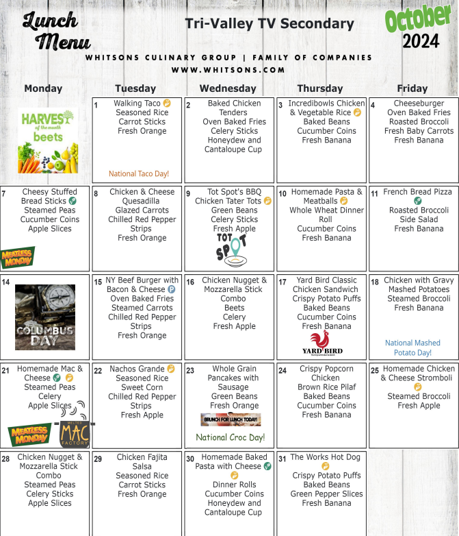 October 2024 Secondary Lunch Menu