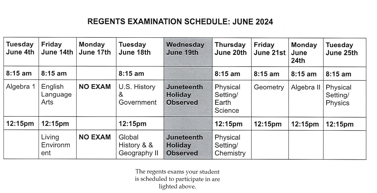 Secondary School Regents Examination Schedule for June 2024 Tri