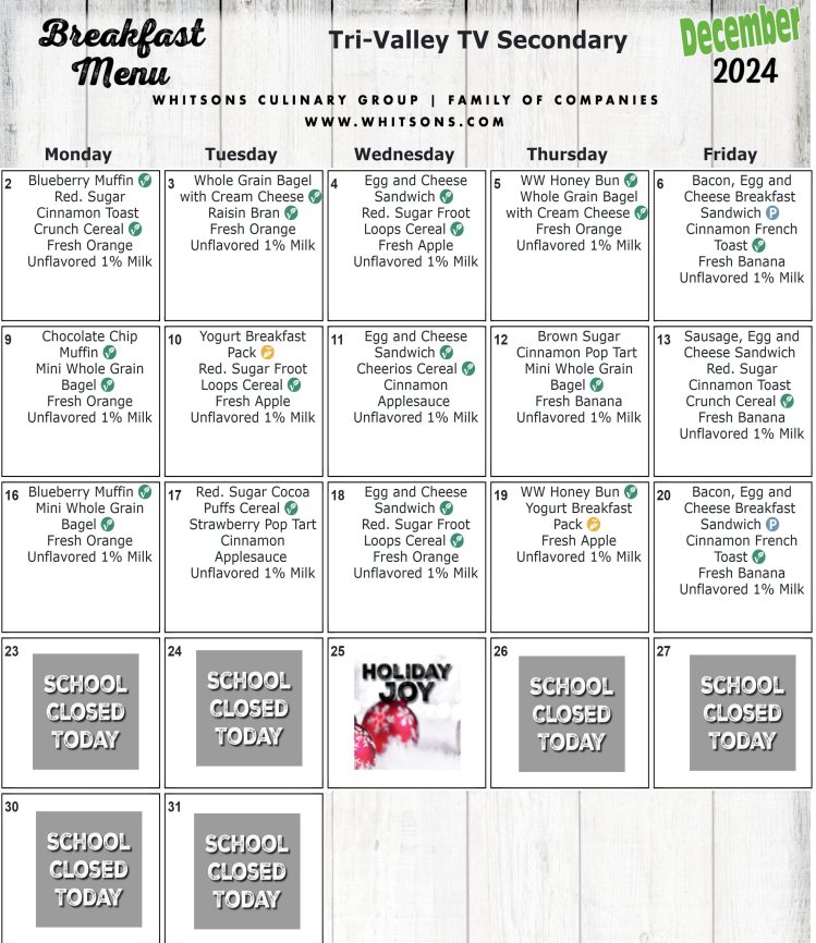 December 2024 Secondary School Breakfast Menu
